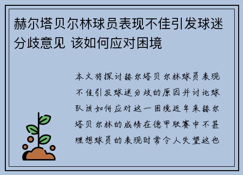 赫尔塔贝尔林球员表现不佳引发球迷分歧意见 该如何应对困境