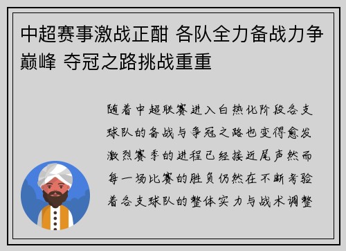 中超赛事激战正酣 各队全力备战力争巅峰 夺冠之路挑战重重