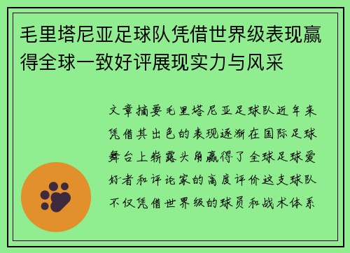 毛里塔尼亚足球队凭借世界级表现赢得全球一致好评展现实力与风采
