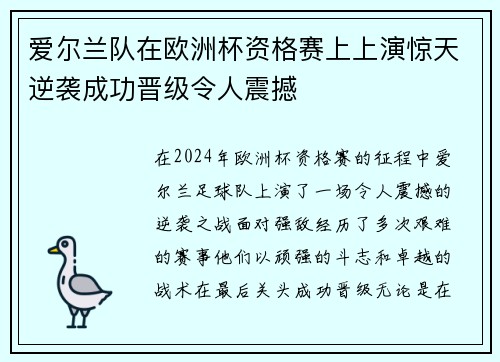 爱尔兰队在欧洲杯资格赛上上演惊天逆袭成功晋级令人震撼