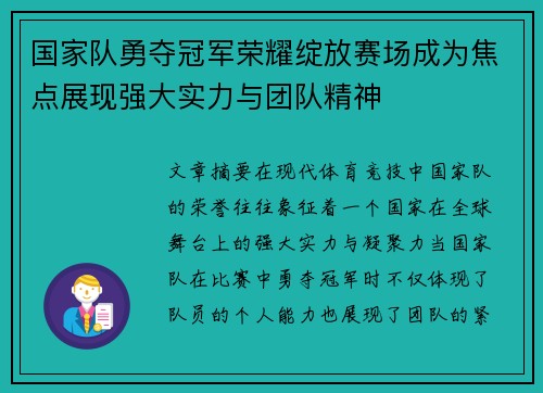 国家队勇夺冠军荣耀绽放赛场成为焦点展现强大实力与团队精神
