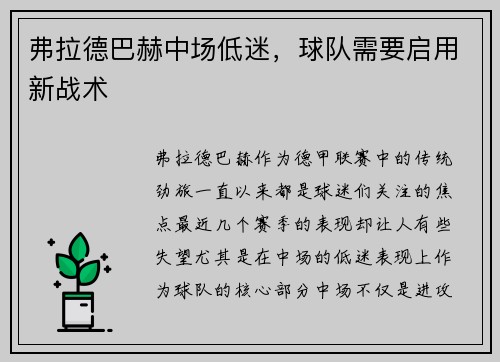 弗拉德巴赫中场低迷，球队需要启用新战术