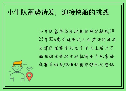 小牛队蓄势待发，迎接快船的挑战