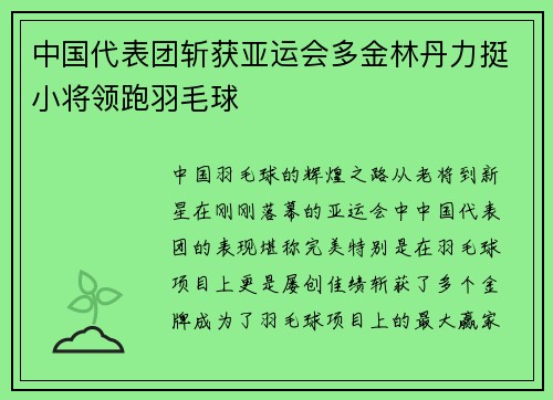 中国代表团斩获亚运会多金林丹力挺小将领跑羽毛球