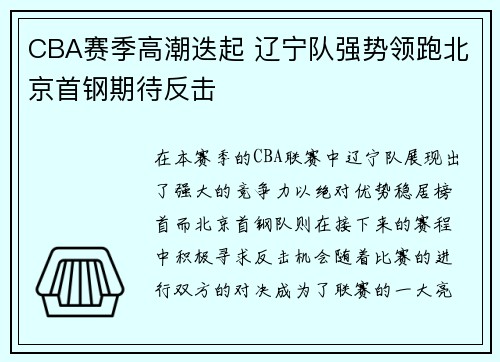 CBA赛季高潮迭起 辽宁队强势领跑北京首钢期待反击