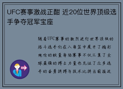 UFC赛事激战正酣 近20位世界顶级选手争夺冠军宝座