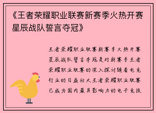 《王者荣耀职业联赛新赛季火热开赛 星辰战队誓言夺冠》