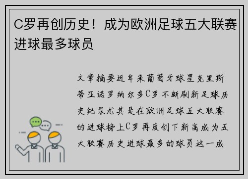 C罗再创历史！成为欧洲足球五大联赛进球最多球员