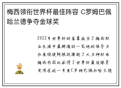 梅西领衔世界杯最佳阵容 C罗姆巴佩哈兰德争夺金球奖